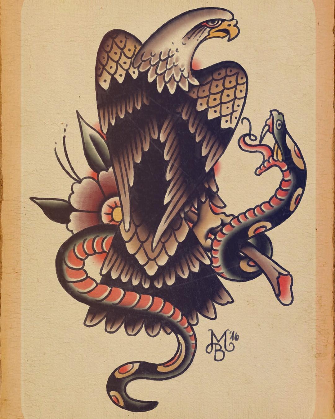 Triumphant eagle over subdued snake on scratched card board,
if you want this fo